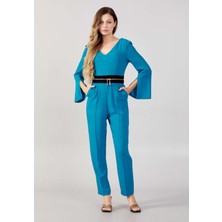 Explosion Kadın V Yaka Uzun Kollu Turkuaz Tulum EXP72190-TURKUAZ