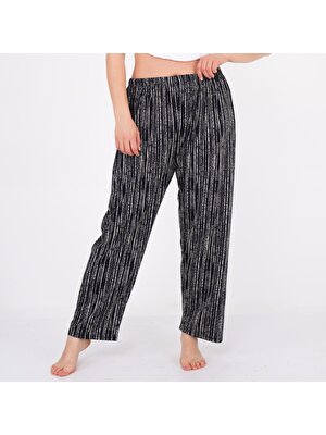 Meva Kadın Büyük Beden Pijama Altı Çizgi Desenli Zebra Siyah Turlu Viskon Kumaş