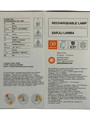 Osram Ledvance 8W (60W) 6500K (Beyaz Işık) Şarj Edilebilir E27 Duylu LED Ampul (4 Adet)