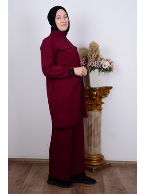 Armine 23KT639 Bordo Kadın Fermuarlu Kolları Lastikli Önden Cep Detaylı %100 Polyester Takım