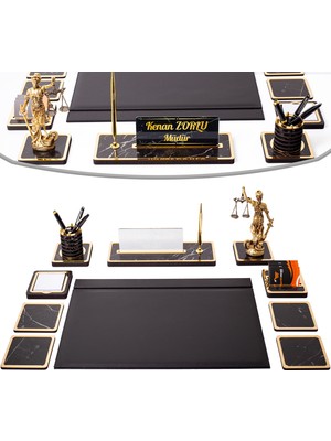 İsimlik Sepeti Themis Ahşap Sümen Takımı Mermer Desen 10 Parça Avukatlar İçin Özel Hediye Seti