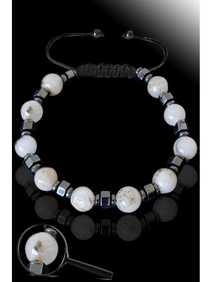 Tesbih Atölyesi Hematitli Doğal Beyaz Akik Taşı Ayarlamalı Bileklik