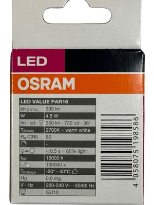 Osram PAR16 4.5W (50W) 2700K (Sarı Işık) GU10 Duylu LED Spot (8 Adet)