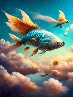 Blue Wall - Balık Uçuşu - Hayal Etmeyi Asla Bırakma- 3'lü Çerçevesiz Tasarım Poster Duvar Sanatı