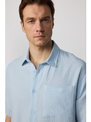 Tudors Erkek Relax Fit Rahat Kesim Kısa Kollu %100 Pamuk Tek Cepli Mavi Gömlek