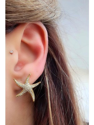 Ose Shop  Zirkon Taş Detaylı 925 Ayar Gümüş Üzerine Altın Kaplama Italyan Deniz Yıldızı Figürlü Küpe