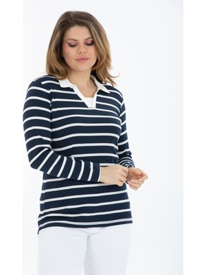 Banega Büyük Beden Pamuklu Likralı V Yaka Basic Lacivert Bluz