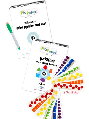 Pia Polya Mini Defter Seti | Silinebilen Resim Defteri ve Siyah Kalem | Şekiller Etiket Defteri ve Etiketleri