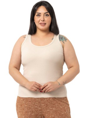 Disentis Modest Büyük Beden Askılı Fitilli Kaşkorse Bej Rengi Body