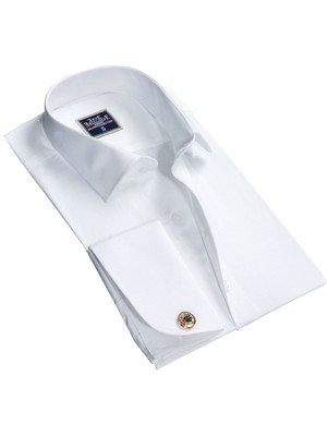Exve Exclusive Beyaz Düz Renk Sade Klasik Fransız Duble Manşet Kol Düğmeli Gömlek