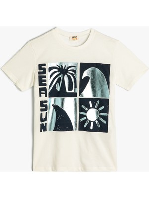 Koton Tişört Yaz Temalı Baskılı Kısa Kollu Bisiklet Yaka Pamuklu