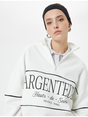 Koton Oversize Sweatshirt Yarım Fermuarlı Dik Yaka Slogan Nakışlı