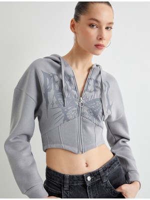 Koton Crop Kapşonlu Sweatshirt Fermuarlı Baskılı Korse Görünümlü