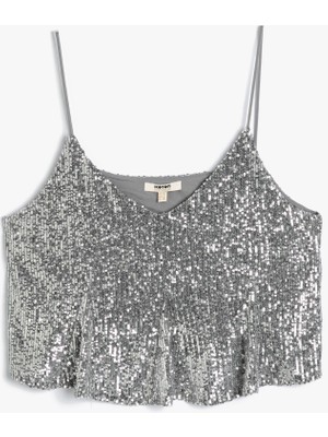 Koton Pullu Payetli Crop Üst Ince Askılı Dökümlü
