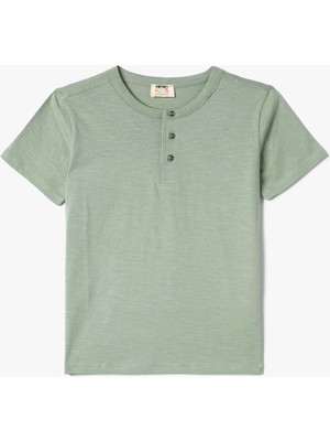 Koton Basic Tişört Yuvarlak Yaka Kısa Kollu Düğmeli Pamuklu