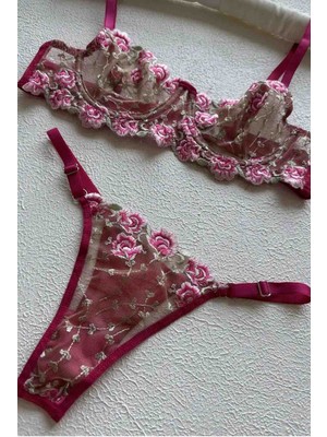 Arona Dantelli Pembe Çiçek Işlemeli Desenli Sütyen Takımı Bralet Set