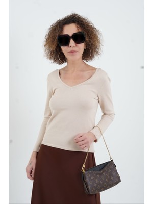 Zelish My Sister Açık Bej Ön Arka V Yaka Kazak