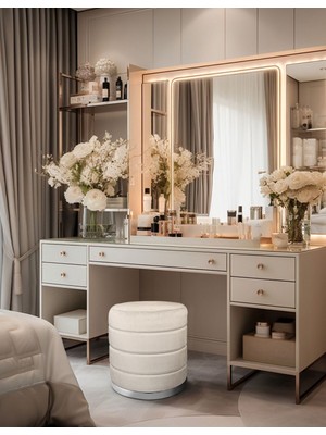 Gazzini Furniture Lungo Roller Silver Kaplama Pofuduk Puf Krem Silindir Makyaj Masası Puf Koltuğu