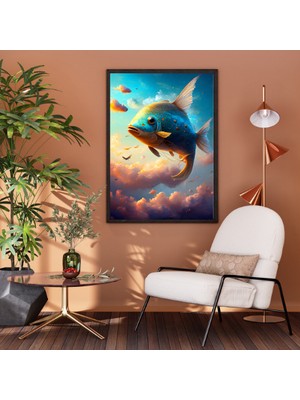 Blue Wall - Balık Uçuşu V2 - Çerçevesiz Tasarım Poster Duvar Sanatı