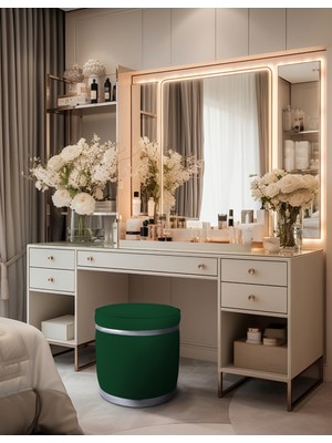 Gazzini Furniture Zerafet Silver Kaplama Luxery Puf Yeşil Babyface Kumaş Makyaj Koltuğu