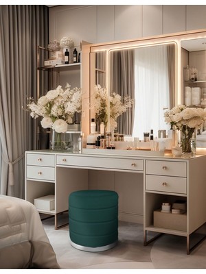 Gazzini Furniture Lungo Roller Silver Kaplama Pofuduk Puf Yeşil Silindir Makyaj Masası Puf Koltuğu