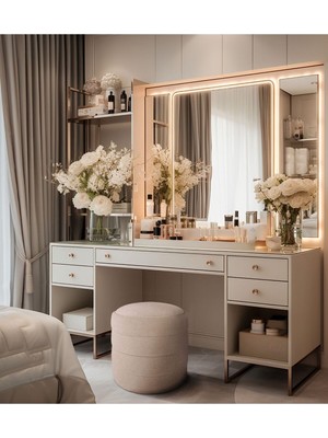 Gazzini Furniture Diana Slim Line Luxury Krem Puf Havlu Kumaş, Silindir, Dekoratif Makyaj Masası Pufu