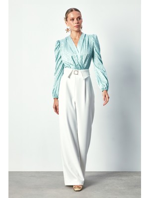 Sateen Kruvaze Desenli Bodysuit Bluz - Mint