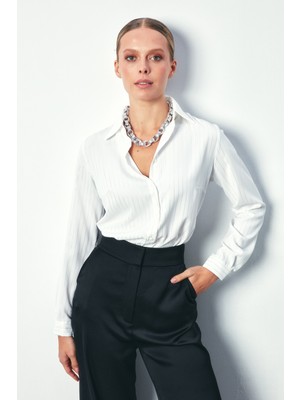 Sateen Parlak Çizgili Klasik Gömlek - Ekru