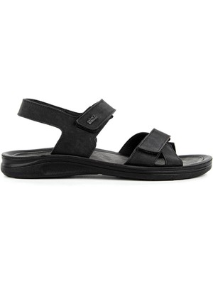 Muya Araw Anatomik Taban Erkek Sandalet Siyah Suni Deri Düz Topuklu Tokalı Tasarım