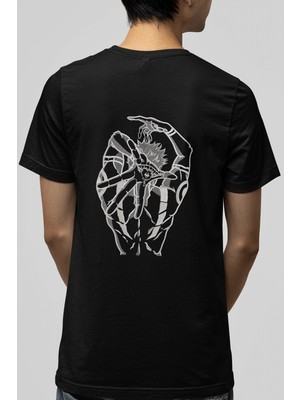Populus Jujutsu Kaisen Sukuna Ön Arka Baskılı Siyah Tişört