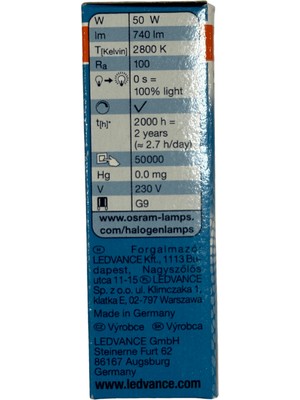 Osram Halopin Pro 50W (60W) 2800K (Sarı Işık) G9 Duylu Halojen Ampul