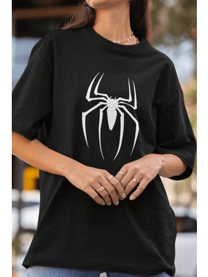 Populus Beyaz Spider Ön Baskılı Siyah Tişört