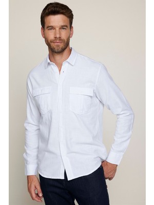 Tudors Klasik Fit Çift Cep Pamuk Keten Erkek Beyaz Gömlek