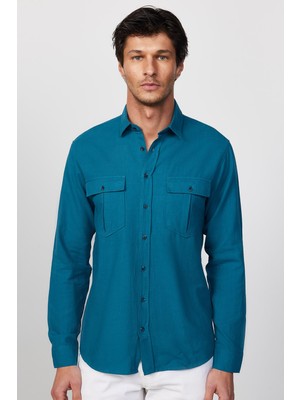 Tudors Erkek Regular Fit Klasik Kesim Oversize %100 Pamuk Keten Doku Çift Cep Petrol Renk Gömlek