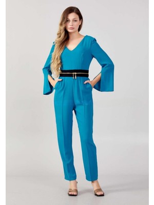 Explosion Kadın V Yaka Uzun Kollu Turkuaz Tulum EXP72190-TURKUAZ