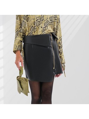 Explosion Kadın Mini Boy Fermuarlı Normala Bel Şık Siyah Etek EXP22286-SİYAH