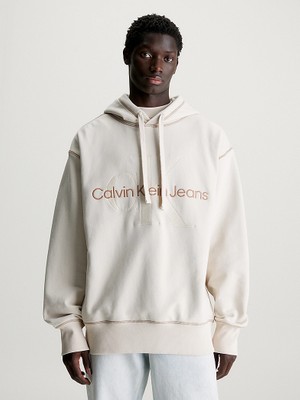 Calvin Klein Erkek Pamuklu Logolu Regular Fit Kapüşonlu Beyaz Sweatshirt J30J324623-YBI