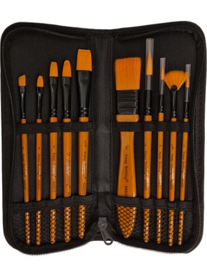 Keep Smiling Çantalı Yağlı Boya ve Akrilik Başlangıç Fırça Seti 10 Lu (Yan Kesik Kedi Dili, Düz,yuvarlak Uçlar )