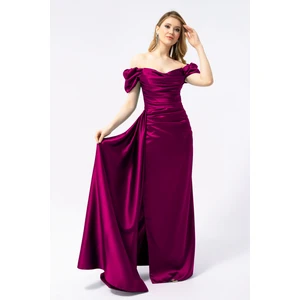 Kadın Mürdüm Kayık Yaka Kuyruklu Uzun Saten Abiye & Mezuniyet Elbisesi