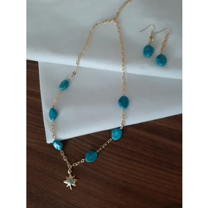 Nevgiss Aksesuar Altın Kaplama Turkuaz Taşlı Mavi Kuzey Yıldızlı Kolye ve Küpe