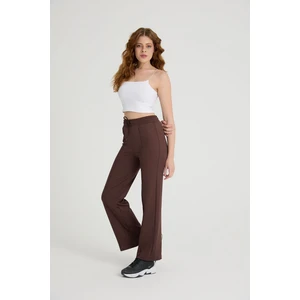 Kadın Kahverengi Nervürlü Beli Lastikli Fitilli Tayt Eşofman Altı Bootcut