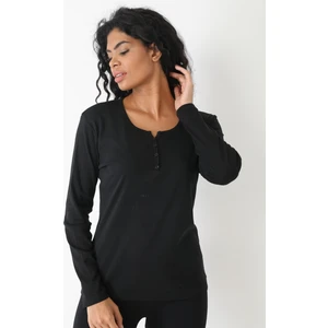 Curve Büyük Beden Pamuklu Likralı Bisiklet Yaka Düğme Detaylı Basic Düz Siyah Bluz