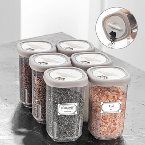 Meleni Home 6'lı Etiketli ve Kilitlenebilir Hava Almaz Kapaklı Baharatlık Seti-Baharatlık Saklama Kabı Bej