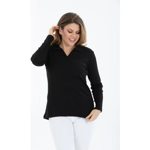 Curve Büyük Beden Pamuklu Likralı V Yaka Basic Düz Siyah Bluz
