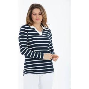 Büyük Beden Pamuklu Likralı V Yaka Basic Lacivert Bluz