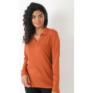 Curve Büyük Beden Pamuklu Likralı V Yaka Basic Düz Kiremit Bluz