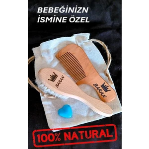 Fikir Store Isme Özel %100 Gerçek Keçi Kılı Doğal Yumuşacık Bebek Saç Fırçası  ve Doğal Ahşap Tarak Seti