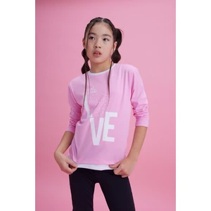 Kız Çocuk Love Baskılı Ekru Garni Detaylı Uzun Kol Pembe T-Shirt