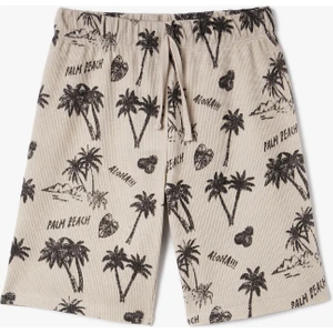 Şort Palmiye Baskılı Dokulu Beli Bağlamalı Pamuklu