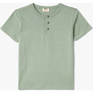 Basic Tişört Yuvarlak Yaka Kısa Kollu Düğmeli Pamuklu